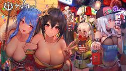  6+girls ahoge akagi_(azur_lane) animal_ears atago_(azur_lane) azur_lane bag bare_shoulders baseball_cap belt bikini black_hair blonde_hair blue_hair blue_nails blush bow breasts brown_eyes brown_hair candy_apple chinese_commentary choker cleavage closed_mouth collarbone commentary_request crop_top crossed_bangs dark-skinned_female dark_skin facial_mark festival fireworks food fox_ears fox_tail gorgeous_mushroom graf_zeppelin_(azur_lane) green_kimono hair_between_eyes hair_flaps hair_ornament hairbow hat highleg highleg_bikini holding holding_bag holding_food holding_umbrella japanese_clothes jewelry jpeg_artifacts kimono lantern large_breasts logo long_hair looking_at_viewer mask mask_on_head minneapolis_(azur_lane) multiple_girls multiple_tails nail_polish night obi off_shoulder official_alternate_costume official_art oil-paper_umbrella open_mouth outdoors paper_lantern ponytail purple_eyes red_eyes red_kimono ring rope sash short_kimono short_yukata sidelocks skirt smile st._louis_(azur_lane) st._louis_(spirits_in_the_snow)_(azur_lane) swimsuit taihou_(azur_lane) tail takao_(azur_lane) umbrella v very_long_hair white_bow white_hair white_nails wide_sleeves wristband yukata 