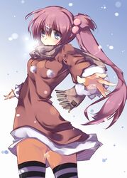  blue_eyes coat commentary_request female highres little_busters! long_hair purple_hair saigusa_haruka scarf side_ponytail souyoku striped_clothes striped_thighhighs thighhighs 