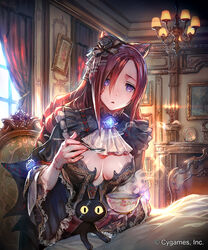  absurdres black_dress black_flower black_rose breasts brown_hair candelabra candle candlestand ceres_(shingeki_no_bahamut) chair chandelier colored_sclera commentary_request company_name curtains drawing_(object) dress duplicate feline female flower hair_flower hair_ornament highres holding holding_spoon indoors large_breasts long_hair official_art okada_manabi photoshop_(medium) pixel-perfect_duplicate purple_eyes rose scar scar_on_face shingeki_no_bahamut sitting spoon watermark wide_sleeves window yellow_sclera |_| 