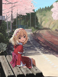  asagi_noko back_bow bench blonde_hair blush bow bush cherry_blossoms collar commentary_request day dress female floral_print frilled_collar frilled_dress frilled_sleeves frills green_eyes hairband hairbow idolmaster idolmaster_cinderella_girls long_sleeves looking_at_viewer looking_back outdoors parted_lips pink_hairband power_lines railing railroad_tracks red_dress rose_print sakurai_momoka scenery short_hair sign sitting sky sleeves_past_wrists smile solo sunlight train_station tree utility_pole wavy_hair 