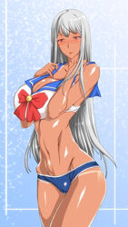  bishoujo_senshi_sailor_moon blush bra breasts cleavage commentary_request ebido female grey_hair groin highres hip_bones huge_breasts long_hair panties red_eyes sailor_collar sailor_moon_narikiri_bra_set sailor_senshi_uniform selvaria_bles senjou_no_valkyria_(series) senjou_no_valkyria_1 solo stomach tan underwear underwear_only very_long_hair wide_hips 