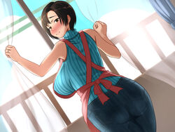  apron ass blue_jeans breasts brown_eyes brown_hair closed_mouth denim female female hands hips hot_mikan huge_aas indoors jeans jewelry large_ass legs looking_at_viewer looking_back pants ribbed_sweater ring shiny shiny_hair shiny_skin short_hair sleeveless smile standing sweater thick_thighs thighs wide_hips window 