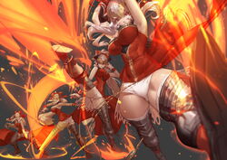  absurdres aliza_(granblue_fantasy) breasts commentary draph female fighting_stance fire full_body granblue_fantasy hair_pulled_back headpiece highres horns jojaow kicking large_breasts long_hair multiple_views pointy_ears ponytail red_eyes short_shorts shorts thighhighs very_long_hair white_hair white_shorts 