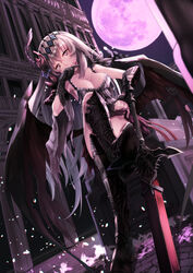  arm_guards armor armored_boots armpits asymmetrical_gloves bad_id bad_pixiv_id bare_shoulders black_footwear black_gloves blonde_hair boots breasts broken_pillar building camisole circle cleavage closed_mouth crossed_legs dark dark_jeanne dutch_angle feather_hair_ornament feathers female full_moon gloves granblue_fantasy hair_ornament hand_on_own_face head_tilt highres jeanne_d&#039;arc_(granblue_fantasy) knee_boots large_breasts lips long_hair looking_at_viewer mismatched_gloves moon night pillar pink_moon purple_eyes saraki shoulder_pads sitting smile solo sword very_long_hair weapon 