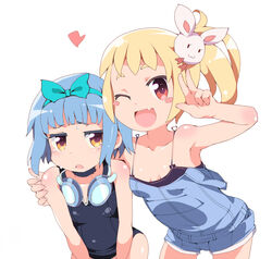  2girls ;d arm_around_shoulder blonde_hair blue_hair blunt_bangs blush blush_stickers brown_eyes commentary_request d: goggles goggles_around_neck hair_ornament leaning_forward multiple_girls oerba_yun_fang one-piece_swimsuit one_eye_closed open_mouth original overalls rabbit_hair_ornament sasago_kaze school_swimsuit side_ponytail sidelocks smile strap_slip swimsuit v 