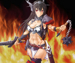  abs alternate_costume armor bikini_armor black_thighhighs blood blood_on_face breasts cleavage collarbone commentary_request conan_(series) conan_the_barbarian female fire flail headgear holding holding_sword holding_weapon jack_(slaintheva) kantai_collection long_hair looking_at_viewer medium_breasts midriff muscular muscular_female nagato_(kancolle) navel red_eyes solo sword thighhighs weapon 