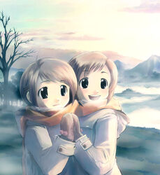  2girls :d bare_tree black_eyes breath brown_hair coat figure_17 gloves holding_hands ikeda_jun_(mizutamari) mittens multiple_girls nature open_mouth parted_bangs photoshop_(medium) scarf scenery shared_clothes shared_scarf shiina_hikaru shiina_tsubasa short_hair siblings sky smile tree twilight twins winter winter_clothes winter_coat 