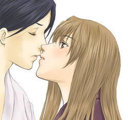  2girls black_hair blue_hair brown_eyes brown_hair closed_eyes couple fujino_shizuru imminent_kiss japanese_clothes kimono kissing kuga_natsuki mico3 multiple_girls my-hime parted_bangs portrait profile simple_background white_background yukata yuri 