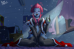  beer_can blue_skin bookshelf boots can chair christmas colored_skin commentary_request desk drink_can drunk evelynn_(league_of_legends) female league_of_legends photoshop_(medium) pink_hair pointy_ears ranger_squirrel room santa_costume screen short_hair solo window 