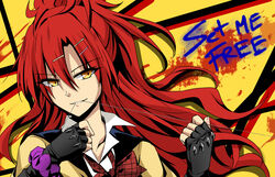  akuma_no_riddle bad_id bad_pixiv_id black_gloves bow bowtie collarbone commentary_request female fingerless_gloves gloves hair_between_eyes kago-tan long_hair looking_at_viewer loose_bowtie mouth_hold parted_lips portrait red_bow red_bowtie red_hair sagae_haruki simple_background solo very_long_hair yellow_background yellow_eyes 