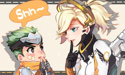  1boy aged_down bandaid bandaid_on_cheek bandaid_on_face bodysuit breasts brown_eyes commentary_request emblem female finger_to_mouth fingerless_gloves forehead_protector genji_(overwatch) gloves green_hair halo high_ponytail japanese_clothes lolicon looking_at_another mechanical_halo mechanical_wings medium_breasts medium_hair mercy_(overwatch) nose overwatch overwatch_1 parted_lips patch pink_lips scarf shadow short_hair shushing speech_bubble upper_body white_bodysuit wings young_genji zonana 