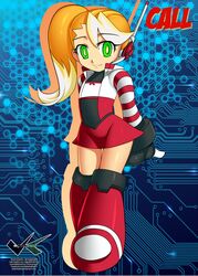  arms_behind_back blonde_hair boots call_(mighty_no._9) call_e call_f commentary commission english_commentary female flat_chest fusion green_eyes headset jadenkaiba knee_boots mighty_no._9 multicolored_hair robot side_ponytail skirt smile solo striped_sleeves two-tone_hair white_hair 