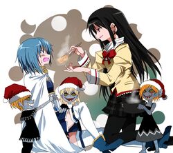  2girls akemi_homura akuma_homura black_hair blue_eyes blue_hair cape chopsticks clara_dolls_(madoka_magica) commentary daikon earrings familiar_(madoka_magica) feeding force-feeding green_eyes hat hotpot jewelry kneeling long_hair magical_girl mahou_shoujo_madoka_magica mahou_shoujo_madoka_magica:_hangyaku_no_monogatari miki_sayaka miki_sayaka_(magical_girl) mitakihara_school_uniform multiple_girls pantyhose purple_eyes radish red_eyes ringed_eyes santa_hat school_uniform short_hair soul_gem spoilers steam supuring thighhighs zettai_ryouiki 