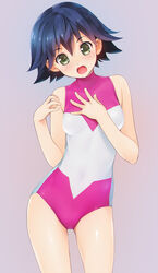  :o bare_shoulders blue_hair blush breasts colored_eyelashes commentary_request competition_school_swimsuit contrapposto cowboy_shot female flipped_hair green_eyes grey_background halterneck hand_on_own_chest highres one-piece_swimsuit open_mouth photoshop_(medium) school_swimsuit sei_(yu-gi-oh!) short_hair simple_background small_breasts solo standing surprised swimsuit turtleneck wacchi yu-gi-oh! yu-gi-oh!_zexal 