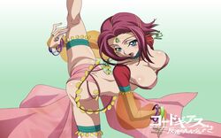  ass blue_eyes blush breasts code_geass dancing female flexible gradient gradient_background harem_outfit huge_ass kallen_stadtfeld large_breasts legs navel nippleless_clothes nipples official_art puffy_nipples red_hair short_hair 