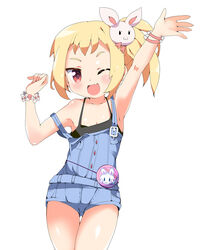  blonde_hair blush bracelet brown_eyes commentary_request female hair_ornament jewelry oerba_yun_fang off_shoulder one_eye_closed original overalls rabbit_hair_ornament sasago_kaze side_ponytail smile solo strap_slip tank_top waving 