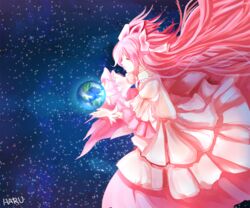  bow closed_eyes commentary_request dress earth_(planet) female giant giantess gloves hair_ribbon hairbow haru_(tnwls3881) highres kaname_madoka long_hair mahou_shoujo_madoka_magica mahou_shoujo_madoka_magica_(anime) pink_hair planet ribbon smile solo space spoilers tearing_up two_side_up ultimate_madoka wings 