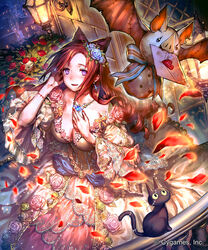  :d bare_shoulders bat_(animal) blue_flower blue_rose blush breasts brown_hair building ceres_(shingeki_no_bahamut) colored_sclera commentary_request company_name drill_hair duplicate dutch_angle earrings feline female flower glint hair_flower hair_ornament hand_on_own_chest heart highres jewelry large_breasts letter long_hair love_letter mouse_(animal) mouth_hold nail_polish necklace night official_art okada_manabi open_mouth outdoors petals photoshop_(medium) pixel-perfect_duplicate purple_eyes red_flower red_nails red_rose rose scar scar_on_face shingeki_no_bahamut shirt skirt smile sparkle watermark white_shirt white_skirt yellow_sclera |_| 