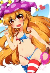  american_flag american_flag_bikini american_flag_print ass_visible_through_thighs bad_id bad_pixiv_id bikini blonde_hair breasts clownpiece fairy_wings female flag_print hat heart highres jester_cap long_hair micro_bikini motsu_(selshia12) open_mouth petite polka_dot print_bikini red_eyes small_breasts solo star_(symbol) striped_clothes striped_thighhighs swimsuit thighhighs torch touhou v very_long_hair wings 