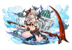  armlet braid breasts brown_eyes cleavage dark_valkyrie_(p&amp;d) female food fruit hino_shinnosuke long_hair medium_breasts midriff navel o-ring o-ring_top puzzle_&amp;_dragons sandals scythe smile solo twin_braids valkyrie_(p&amp;d) watermelon weapon white_hair 