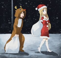  2girls animal_costume blonde_hair blue_eyes brown_hair christmas closed_eyes commentary_request heavy hirasawa_yui k-on! kotobuki_tsumugi long_hair multiple_girls reindeer_costume sack santa_costume shizupu short_hair 