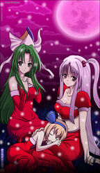  3girls absurdres alice_margatroid alice_margatroid_(pc-98) blonde_hair blush christmas closed_eyes cloud commentary_request full_moon green_hair highres lap_pillow long_hair looking_at_viewer merry_christmas mima_(touhou) moon multiple_girls night on_lap one_side_up photoshop_(medium) pink_moon pink_sky red_skirt santa_costume shinki_(touhou) side_ponytail sitting skirt sky tiara touhou touhou_(pc-98) very_long_hair white_hair woofey 