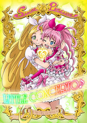  2girls aged_down blonde_hair blue_eyes bow choker commentary_request copyright_name cover cover_page cure_melody cure_rhythm eighth_note eunos frills g-clef_(suite_precure) green_eyes hair_ribbon hairband houjou_hibiki hug long_hair magical_girl minamino_kanade multiple_girls musical_note one_eye_closed photoshop_(medium) pink_bow pink_hair pink_legwear pink_wrist_cuffs precure puffy_sleeves rainbow_text ribbon shoes skirt smile suite_precure thighhighs twintails white_choker wrist_cuffs 