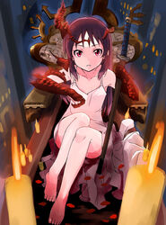  armor black_hair bloody_mary_(shingeki_no_bahamut) bloody_mary_(shingeki_no_bahamut)_(cosplay) candle collarbone commentary_request cosplay crown dress female gauntlets highres holding holding_sword holding_weapon idolmaster idolmaster_cinderella_girls katana long_hair looking_at_viewer parted_lips purple_eyes scale_armor shadowverse short_dress shounan_ruizu sitting solo spaghetti_strap sword tachibana_arisu throne weapon white_dress 