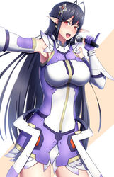  antenna_hair black_hair blush breasts commentary_request dress earrings elbow_gloves female gloves hair_ornament holding holding_microphone jewelry kamokatatsumuri katori_(pso2) large_breasts long_hair looking_at_viewer microphone mole mole_under_eye open_mouth outstretched_arm partially_fingerless_gloves phantasy_star phantasy_star_online_2 pointy_ears purple_gloves red_eyes short_dress sleeveless sleeveless_dress solo 