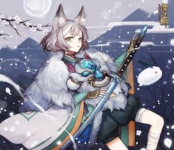  1boy animal_ear_fluff animal_ears brown_gloves commentary_request elreyiens fingerless_gloves fur_trim gloves green_eyes grey_hair grey_sky highres katana long_hair male_focus official_art onmyoji outdoors sky snow snow_rabbit snowflakes sword tears weapon yuki_douji_(onmyoji) 