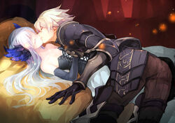  armor bed breasts cleavage corset dress elbow_gloves gin_(oyoyo) gwendolyn headdress kissing long_hair male odin_sphere oswald short_hair white_hair 