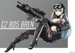  absurdres ammunition_pouch aqua_hair armored_boots belt_pouch blue_eyes boots breasts character_name chinese_commentary cleavage cleavage_cutout clothing_cutout commentary_request cz-805_(girls&#039;_frontline) cz_805_bren exoskeleton female fingerless_gloves full_body girls&#039;_frontline gloves goggles goggles_on_head grenade_launcher grey_background grey_skirt gun hair_between_eyes headset high_heels highres holding holding_gun holding_weapon hybrid_sight jewelry knee_up laser_sight long_hair magazine_(weapon) medium_breasts miniskirt navel ndtwofives night_vision_device open_mouth optical_sight pantyhose pleated_skirt pouch rifle ring sidelocks skirt solo trigger_discipline twitter_username two-tone_background underbarrel_grenade_launcher weapon weapon_name wedding_ring white_background 