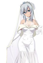  blue_eyes breasts cleavage collar collarbone covered_navel dress elbow_gloves female gloves grey_hair jewelry la_folia_rihavein long_hair medium_breasts necklace see-through smile solo strike_the_blood transparent_background wedding_dress white_dress white_gloves 