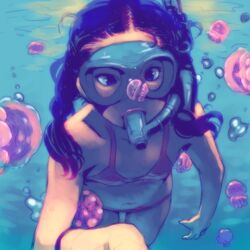  bikini black_hair commentary_request diving_mask female flat_chest goggles highres honzawa_yuuichirou jellyfish long_hair nana_trongratanawong real_life snorkel snorkel_in_mouth solo swimsuit underwater 