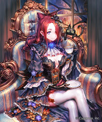  absurdres bare_tree black_gloves black_shirt breasts brown_hair ceres_(shingeki_no_bahamut) chaise_longue closed_mouth colored_sclera commentary_request company_name crossed_legs cup drill_hair duplicate earrings feline female flower gloves hair_flower hair_ornament highres holding jewelry large_breasts looking_at_viewer night official_art okada_manabi photoshop_(medium) pixel-perfect_duplicate purple_eyes purple_flower purple_rose rose saucer shadowverse shingeki_no_bahamut shirt sitting smile teacup thighhighs tree watermark white_legwear wide_sleeves window yellow_sclera |_| 