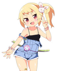  :d bandaid bandaid_on_knee bandaid_on_leg blonde_hair blush bracelet brown_eyes commentary_request female hair_ornament jewelry oerba_yun_fang off_shoulder open_mouth original overalls petite rabbit_hair_ornament sasago_kaze side_ponytail smile solo standing strap_slip tank_top 