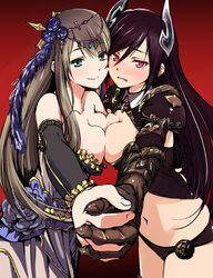  2girls armor bikini_armor black_hair blue_dress blush breast_press breasts brown_hair circlet closed_mouth collarbone commentary_request cowboy_shot detached_sleeves draph dress embarrassed face-to-face flower forte_(shingeki_no_bahamut) gauntlets gradient_background green_eyes hair_flower hair_ornament highres holding_hands interlocked_fingers long_hair looking_at_viewer medium_breasts multiple_girls parted_lips purple_eyes red_background scale_armor shadowverse shounan_ruizu smile standing strapless strapless_dress symmetrical_docking urd_(shingeki_no_bahamut) wavy_mouth 