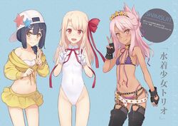  3girls :q ass_visible_through_thighs backwards_hat baseball_cap bb_(fate) bb_(swimsuit_mooncancer)_(fate) bb_(swimsuit_mooncancer)_(fate)_(cosplay) bb_(swimsuit_mooncancer)_(first_ascension)_(fate) bb_(swimsuit_mooncancer)_(second_ascension)_(fate) bb_(swimsuit_mooncancer)_(third_ascension)_(fate) belt bikini black_gloves black_hair black_thighhighs blonde_hair blue_background blush braid breasts chloe_von_einzbern collarbone commentary_request cosplay covered_navel cowboy_shot dan_(kumadan) dark-skinned_female dark_skin double_v fate/grand_order fate/kaleid_liner_prisma_illya fate_(series) fingerless_gloves flat_chest gloves hair_over_shoulder hair_ribbon hairband hat highleg highleg_bikini highleg_leotard highleg_swimsuit illyasviel_von_einzbern jacket leotard long_hair looking_at_viewer miyu_edelfelt multiple_girls navel neck_ribbon one-piece_swimsuit orange_eyes pink_hair polka_dot polka_dot_background purple_bikini red_eyes red_ribbon ribbon shirt sideways_hat single_braid skirt small_breasts stomach_tattoo swimsuit tattoo thighhighs tiara tongue tongue_out translation_request v white_belt white_bikini white_gloves white_leotard yellow_eyes yellow_jacket yellow_skirt 