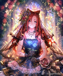  bare_shoulders black_dress blue_flower blue_rose bride brown_hair ceres_(shingeki_no_bahamut) commentary_request company_name dress duplicate earrings female flower glint gloves hair_flower hair_ornament head_tilt highres holding holding_flower jewelry lace lace_gloves looking_at_viewer necklace official_art okada_manabi parted_lips photoshop_(medium) pixel-perfect_duplicate purple_eyes red_flower red_rose rose scar scar_on_face shadowverse shingeki_no_bahamut shirt sleeveless sleeveless_shirt smile solo stained_glass watermark wedding_dress 