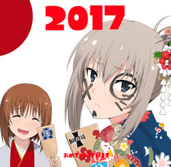  2017 2girls alternate_hairstyle arrow_(projectile) blue_eyes blue_kimono brown_hair closed_mouth commentary_request emblem facepaint floral_print flower from_behind frown girls_und_panzer grey_hair hagoita hair_flower hair_ornament hair_up hamaya hanetsuki happy_new_year itsumi_erika japanese_clothes kimono kuromorimine_(emblem) looking_at_viewer multiple_girls new_year nishizumi_miho ooarai_(emblem) open_mouth paddle print_kimono short_hair shounan_ruizu smile upper_body white_kimono 