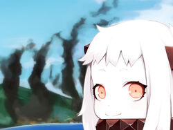  abyssal_ship bad_id bad_tumblr_id colored_skin disaster_girl_(meme) female horns kantai_collection lillithlauda long_hair looking_at_viewer meme northern_ocean_princess orange_eyes parody portrait smile smoke solo white_hair white_skin 