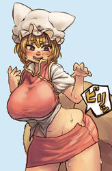  animal_hat blonde_hair blush breasts chanta_(ayatakaoisii) chen chen_(cosplay) commentary_request cosplay curvy female fox_tail hat huge_breasts midriff mob_cap multiple_tails open_mouth plump ripping shirt skirt skirt_set solo tail tearing_clothes thick_thighs thighs torn_clothes touhou undersized_clothes vest wide_hips yakumo_ran 