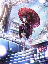  architecture bad_id bad_pixiv_id bare_shoulders bare_tree black_hair blunt_bangs breasts building day dutch_angle east_asian_architecture female from_below full_body hair_ribbon holding holding_umbrella japanese_clothes kimono lantern long_hair long_sleeves machine-doll_wa_kizutsukanai miazi obi off_shoulder oil-paper_umbrella outdoors photoshop_(medium) red_eyes ribbon sash short_kimono sky small_breasts smile snowing solo thighhighs tree umbrella white_thighhighs wide_sleeves winter wooden_lantern yaya_(machine-doll) zettai_ryouiki 