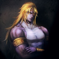  1boy apple_brk armband bad_id bad_pixiv_id blonde_hair colored_skin crossed_arms dark dio_brando facial_mark heaven_ascended_dio jojo_no_kimyou_na_bouken jojo_no_kimyou_na_bouken:_eyes_of_heaven male_focus muscular orange_eyes purple_skin solo upper_body wrist_cuffs 