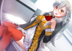  bad_id bad_pixiv_id bed blush braid commentary_request dutch_angle fate/grand_order fate_(series) female frilled_sleeves frills garter_straps grey_hair hair_between_eyes long_hair looking_at_viewer olga_marie_animusphere open_mouth red_thighhighs sentaku_nori sitting solo thighhighs yellow_eyes 