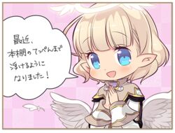  angel angel_wings blonde_hair blue_eyes blush eco_(petticoat) feathered_wings feathers female halo misty_sheikh official_art open_mouth pointy_ears pop-up_story short_hair smile solo st._feles_gakuen_uniform translated white_wings wings 