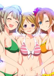  3girls :d ;) ^_^ belly_grab bikini blue_eyes blush bow breasts brown_eyes brown_hair clearite cleavage closed_eyes commentary_request flower frilled_bikini frills front-tie_top girl_sandwich green_bikini hair_flower hair_ornament hairbow hand_on_another&#039;s_shoulder hand_on_own_hip highres koizumi_hanayo kosaka_honoka long_hair looking_at_viewer love_live! love_live!_school_idol_project medium_breasts minami_kotori multiple_girls navel navel_fingering navel_insertion one_eye_closed one_side_up open_mouth orange_hair printemps_(love_live!) pure_girls_project sandwiched short_hair sideboob smile spread_navel swimsuit yellow_eyes 