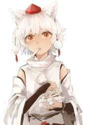  animal_ears bone detached_sleeves female hat inubashiri_momiji long_gloves rough short_hair simple_background solo sweat touhou wataichi_meko white_background white_hair wolf_ears 