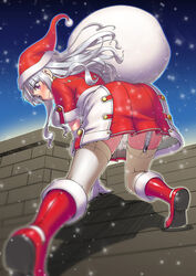  blush boots chimney commentary_request elbow_gloves female garter_straps gloves grey_hair hat idolmaster idolmaster_(classic) kawamura_kazuma long_hair md5_mismatch photoshop_(medium) purple_eyes sack santa_costume santa_hat shijou_takane solo thighhighs white_gloves white_thighhighs 