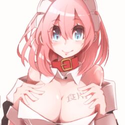  bare_shoulders blue_eyes blush body_writing borrowed_character breasts cleavage collar commentary_request detached_collar female hair_between_eyes hands_on_own_chest large_breasts looking_at_viewer maid maid_headdress open_clothes original pink_hair sakusakusakurai short_hair smile solo takagi_(tansuke) 